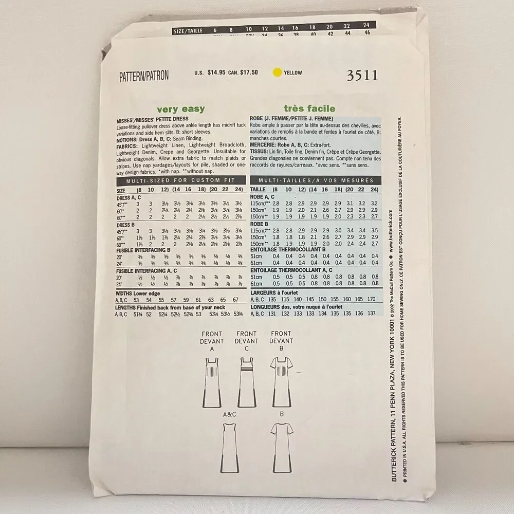#3511 Butterick Misses Dress Sewing Pattern Sized 20-24